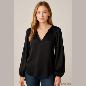Old Navy Black Satin Puff Sleeve Blouse